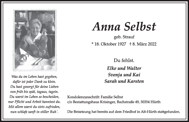 Traueranzeige für Anna Selbst vom 18.03.2022 aus  Wochenende 