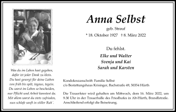 Anzeige von Anna Selbst von Kölner Stadt-Anzeiger / Kölnische Rundschau / Express