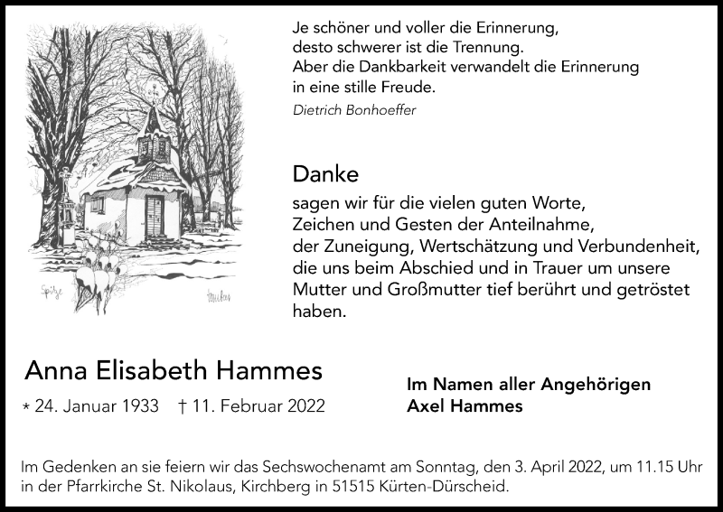  Traueranzeige für Anna Elisabeth Hammes vom 05.03.2022 aus Kölner Stadt-Anzeiger / Kölnische Rundschau / Express