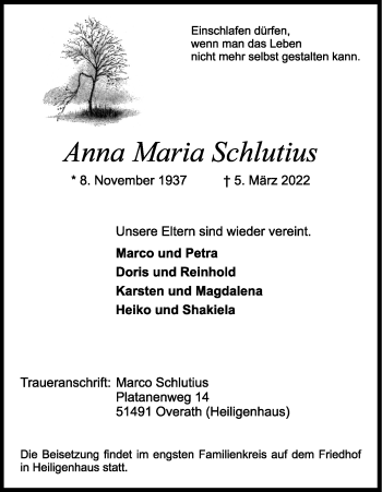 Anzeige von Anna Maria Schlutius von Kölner Stadt-Anzeiger / Kölnische Rundschau / Express