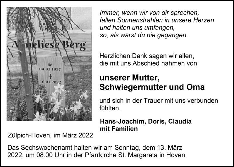 Traueranzeige für Anneliese Berg vom 05.03.2022 aus  Blickpunkt Euskirchen 