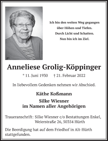 Anzeige von Anneliese Grolig-Köppinger von  Wochenende 