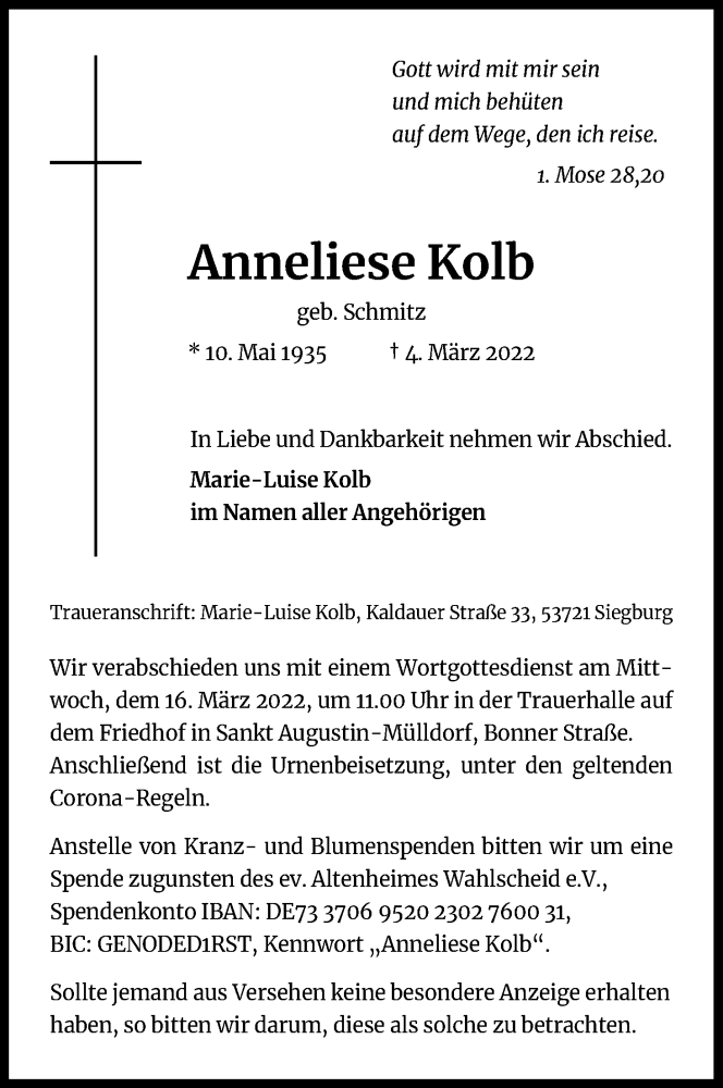  Traueranzeige für Anneliese Kolb vom 12.03.2022 aus Kölner Stadt-Anzeiger / Kölnische Rundschau / Express