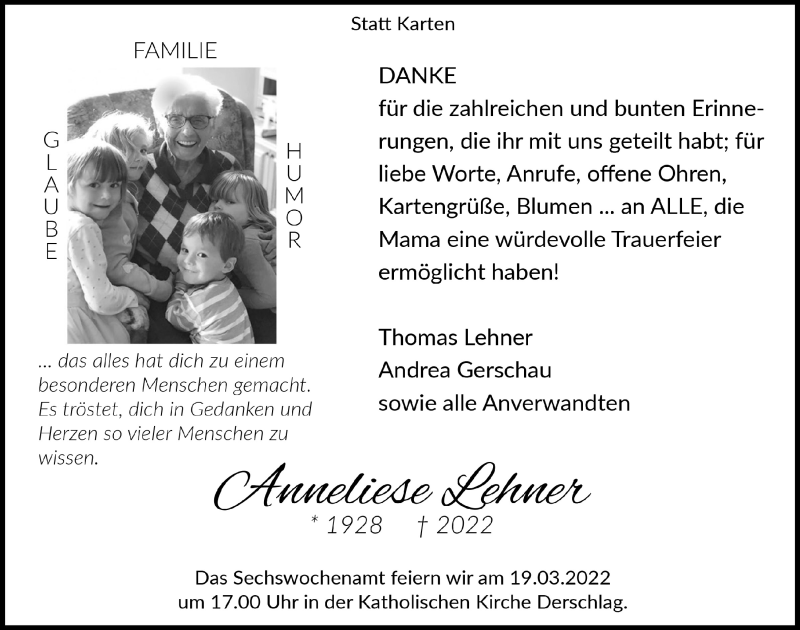  Traueranzeige für Anneliese Lehner vom 25.03.2022 aus  Anzeigen Echo 