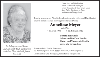 Anzeige von Anneliese Meyer von  Schaufenster/Blickpunkt 
