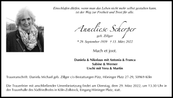 Anzeige von Anneliese Scherper von Kölner Stadt-Anzeiger / Kölnische Rundschau / Express