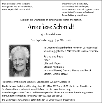 Anzeige von Anneliese Schmidt von  Lokalanzeiger 