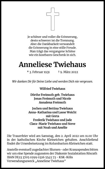 Anzeige von Anneliese Twiehaus von Kölner Stadt-Anzeiger / Kölnische Rundschau / Express