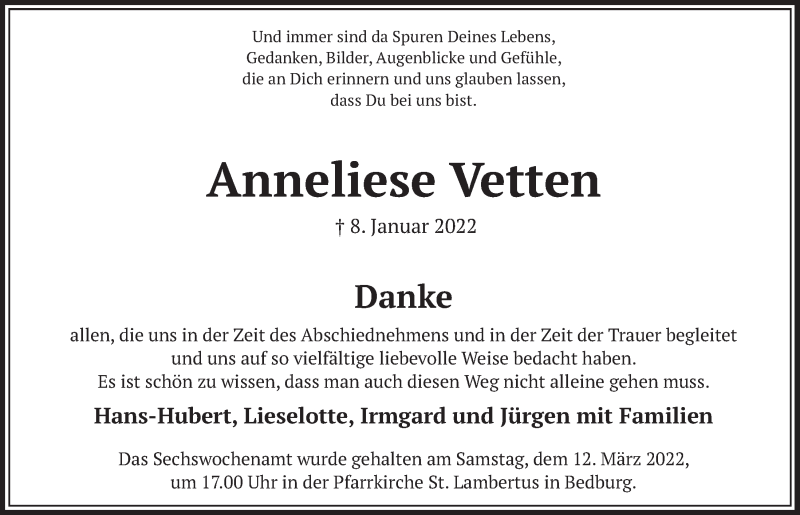  Traueranzeige für Anneliese Vetten vom 18.03.2022 aus  Werbepost 