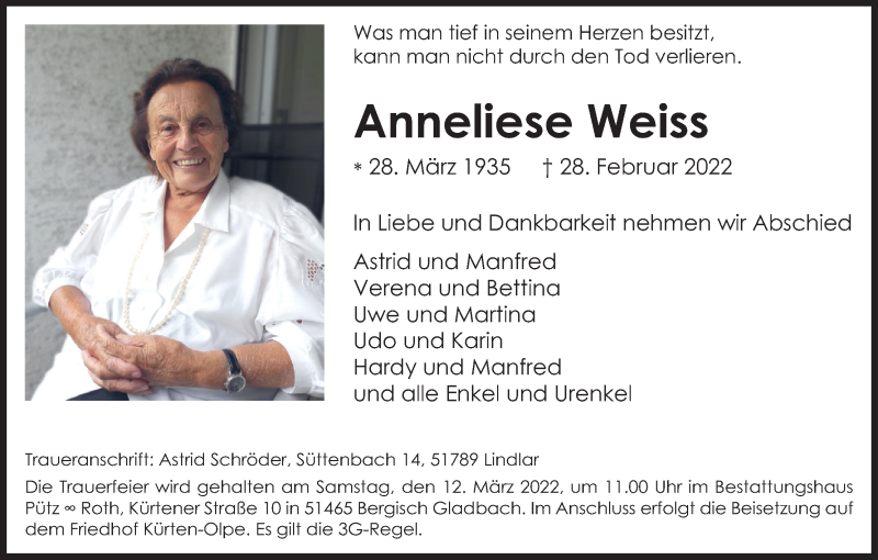 Traueranzeige für Anneliese Weiss vom 05.03.2022 aus Kölner Stadt-Anzeiger / Kölnische Rundschau / Express