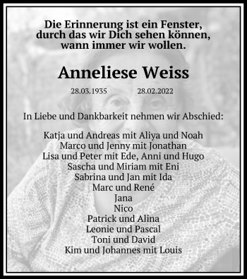 Anzeige von Anneliese Weiss von Kölner Stadt-Anzeiger / Kölnische Rundschau / Express