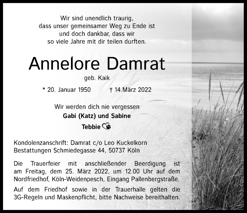  Traueranzeige für Annelore Damrat vom 19.03.2022 aus Kölner Stadt-Anzeiger / Kölnische Rundschau / Express