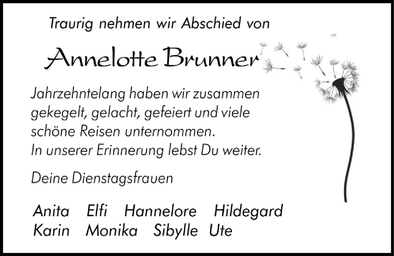  Traueranzeige für Annelotte Brunner vom 25.03.2022 aus  Schlossbote/Werbekurier 