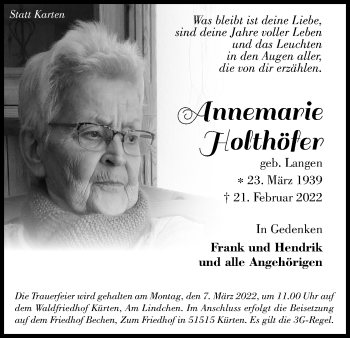 Anzeige von Annemarie Holthöfer von Kölner Stadt-Anzeiger / Kölnische Rundschau / Express