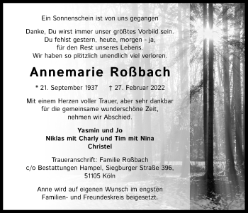 Anzeige von Annemarie Roßbach von Kölner Stadt-Anzeiger / Kölnische Rundschau / Express