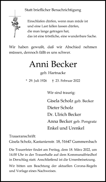 Anzeige von Anni Becker von Kölner Stadt-Anzeiger / Kölnische Rundschau / Express