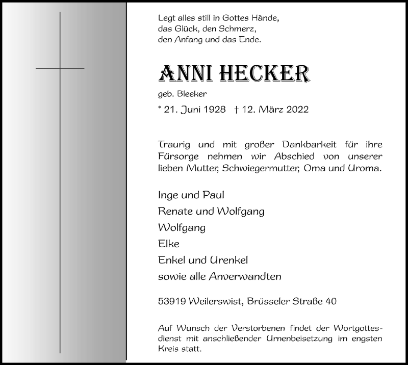  Traueranzeige für Anni Hecker vom 19.03.2022 aus  Blickpunkt Euskirchen 