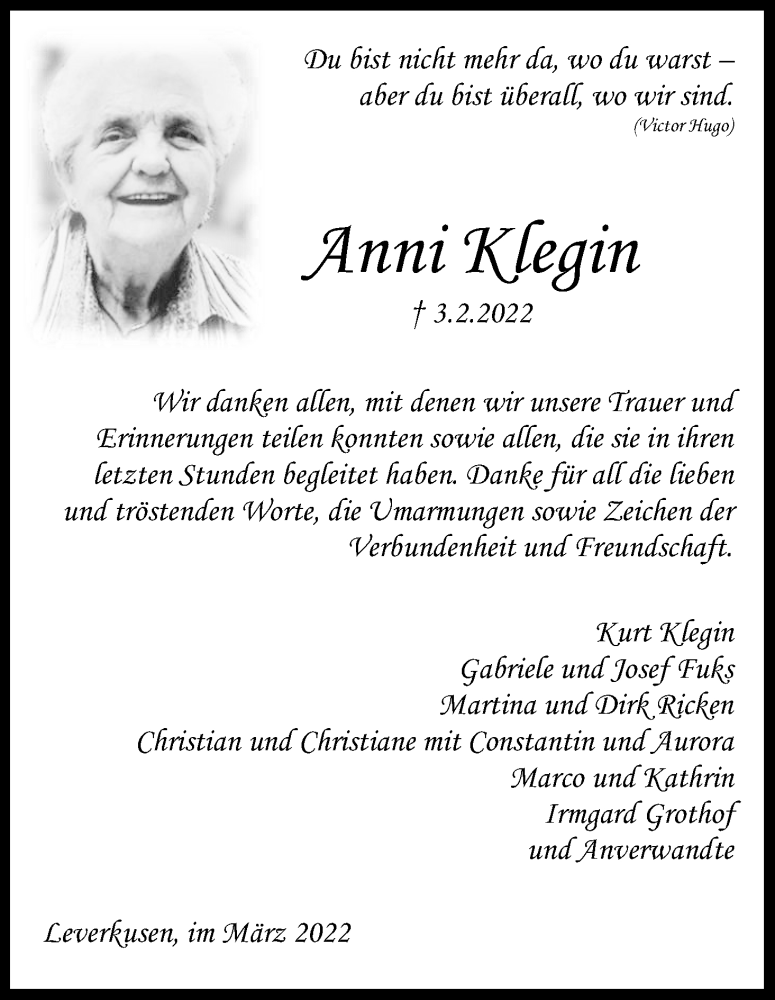  Traueranzeige für Anni Klegin vom 12.03.2022 aus Kölner Stadt-Anzeiger / Kölnische Rundschau / Express
