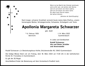 Anzeige von Apollonia Margareta Schwarzer von Kölner Stadt-Anzeiger / Kölnische Rundschau / Express