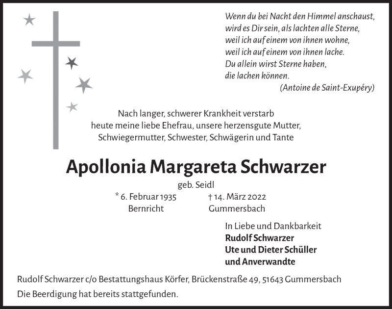  Traueranzeige für Apollonia Margareta Schwarzer vom 18.03.2022 aus  Anzeigen Echo 