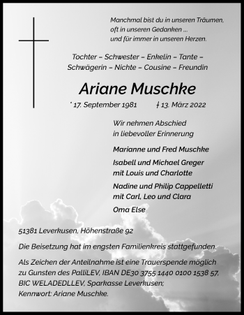 Anzeige von Ariane Muschke von Kölner Stadt-Anzeiger / Kölnische Rundschau / Express