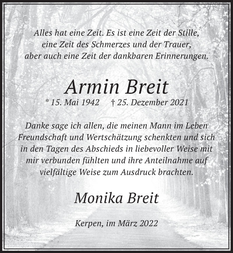  Traueranzeige für Armin Breit vom 11.03.2022 aus  Werbepost 