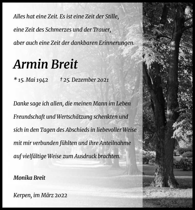  Traueranzeige für Armin Breit vom 12.03.2022 aus Kölner Stadt-Anzeiger / Kölnische Rundschau / Express