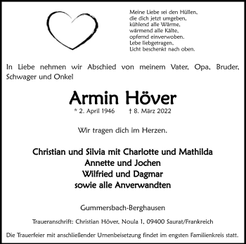 Anzeige von Armin Höver von Kölner Stadt-Anzeiger / Kölnische Rundschau / Express