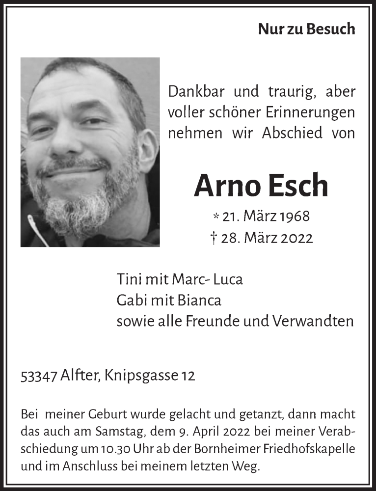  Traueranzeige für Arno Esch vom 01.04.2022 aus  Schaufenster/Blickpunkt 