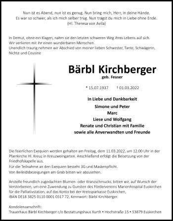Anzeige von Bärbl Kirchberger von Kölner Stadt-Anzeiger / Kölnische Rundschau / Express