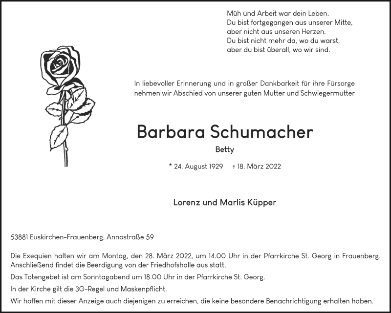  Traueranzeige für Barbara Schumacher vom 26.03.2022 aus  Blickpunkt Euskirchen 