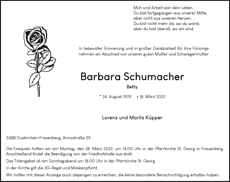 Traueranzeige für Barbara Schumacher vom 26.03.2022 aus Kölner Stadt-Anzeiger / Kölnische Rundschau / Express