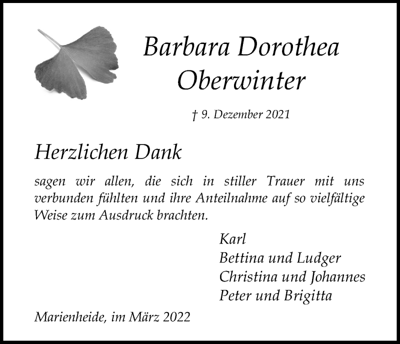  Traueranzeige für Barbara Dorothea Oberwinter vom 19.03.2022 aus Kölner Stadt-Anzeiger / Kölnische Rundschau / Express