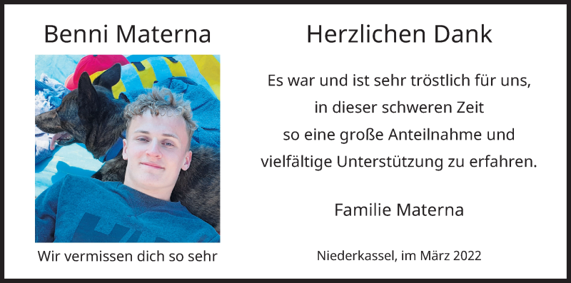  Traueranzeige für Benni Materna vom 26.03.2022 aus Kölner Stadt-Anzeiger / Kölnische Rundschau / Express