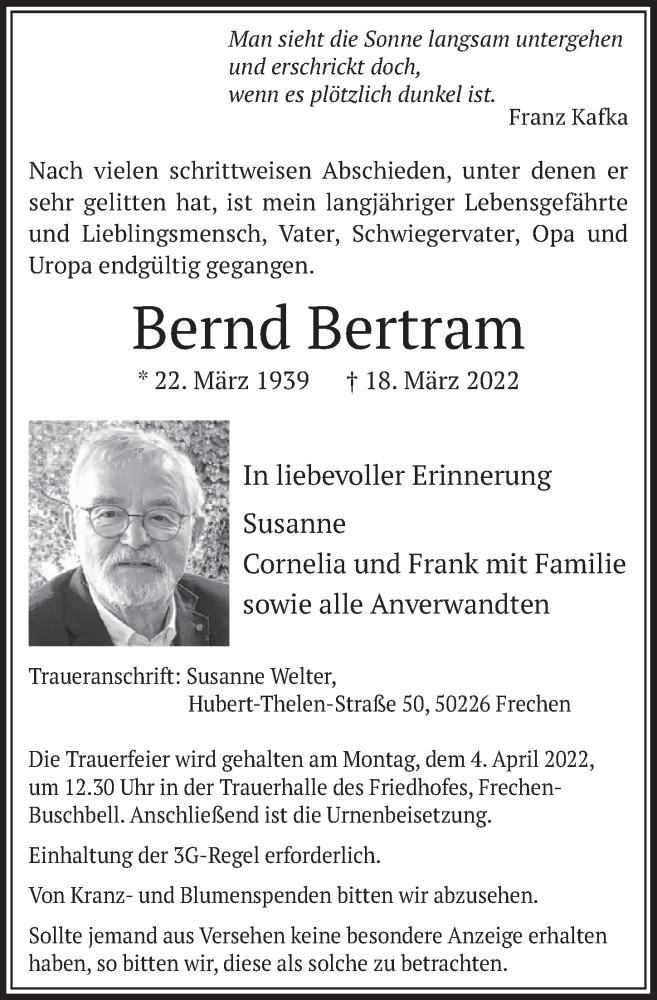  Traueranzeige für Bernd Bertram vom 25.03.2022 aus  Wochenende 