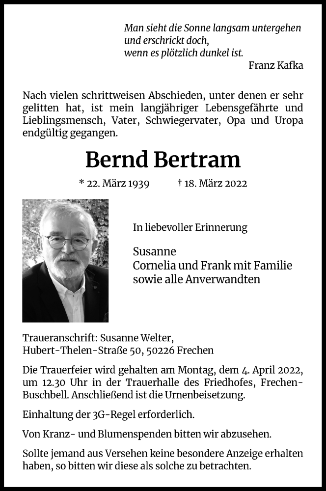  Traueranzeige für Bernd Bertram vom 26.03.2022 aus Kölner Stadt-Anzeiger / Kölnische Rundschau / Express