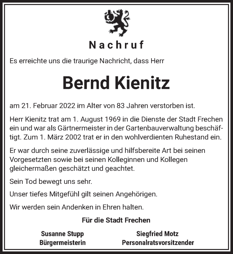  Traueranzeige für Bernd Kienitz vom 04.03.2022 aus  Wochenende 