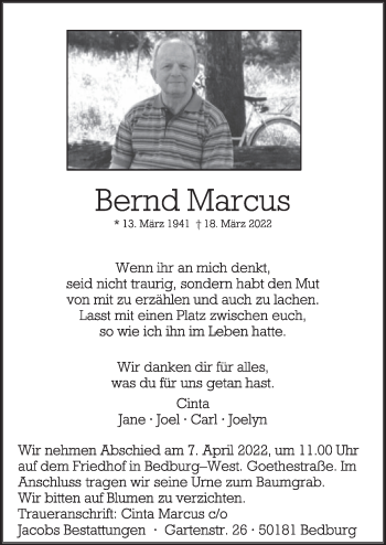 Anzeige von Bernd Marcus von  Werbepost 