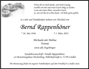 Anzeige von Bernd Rappenhöner von Kölner Stadt-Anzeiger / Kölnische Rundschau / Express