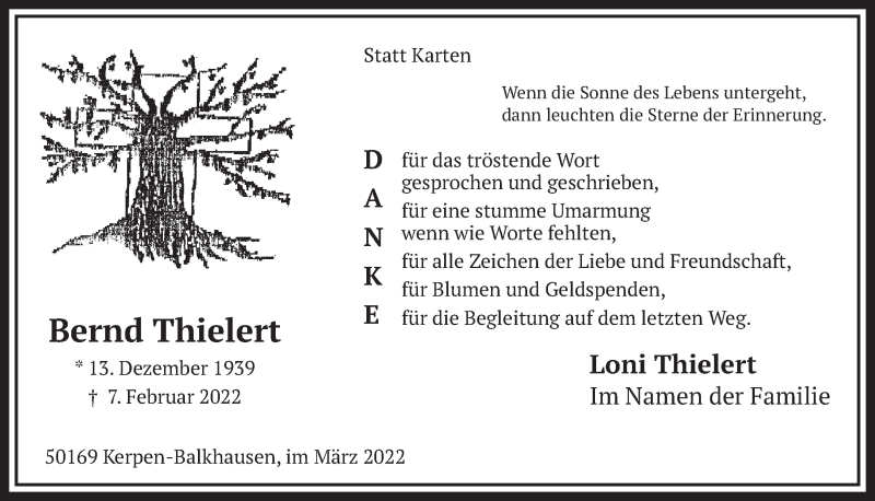  Traueranzeige für Bernd Thielert vom 18.03.2022 aus  Werbepost 