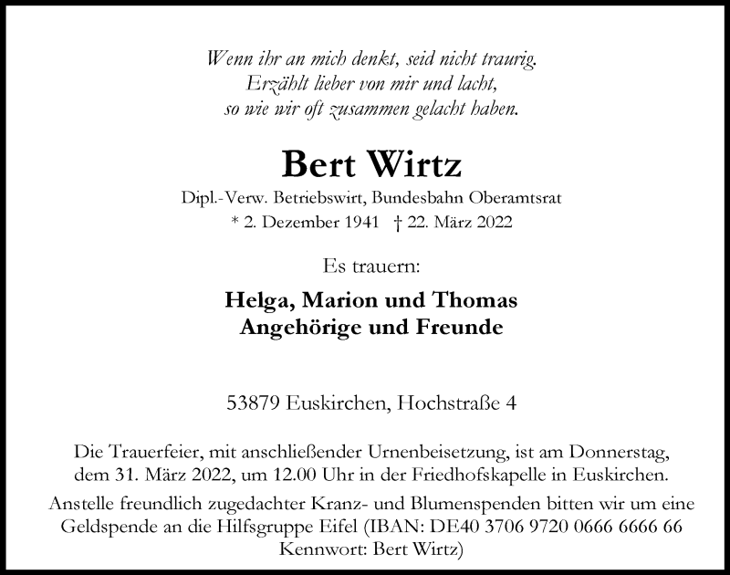  Traueranzeige für Bert Wirtz vom 26.03.2022 aus  Blickpunkt Euskirchen 