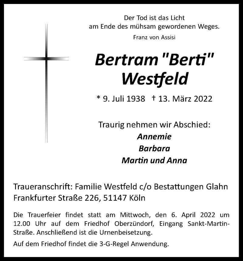  Traueranzeige für Bertram Westfeld vom 19.03.2022 aus Kölner Stadt-Anzeiger / Kölnische Rundschau / Express