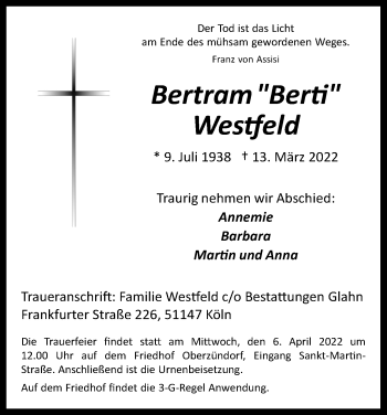 Anzeige von Bertram Westfeld von Kölner Stadt-Anzeiger / Kölnische Rundschau / Express