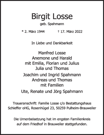 Anzeige von Birgit Losse von  Wochenende 
