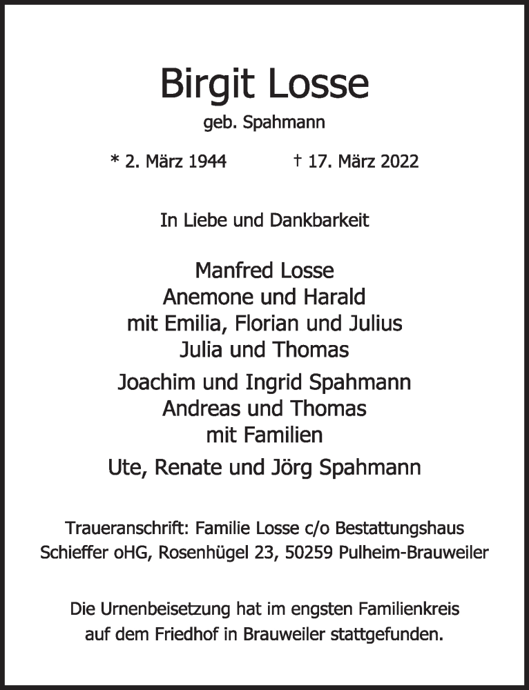  Traueranzeige für Birgit Losse vom 01.04.2022 aus  Wochenende 