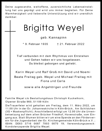 Anzeige von Brigitta Weyel von Kölner Stadt-Anzeiger / Kölnische Rundschau / Express