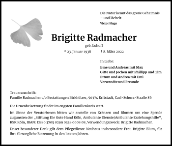 Anzeige von Brigitte Radmacher von Kölner Stadt-Anzeiger / Kölnische Rundschau / Express