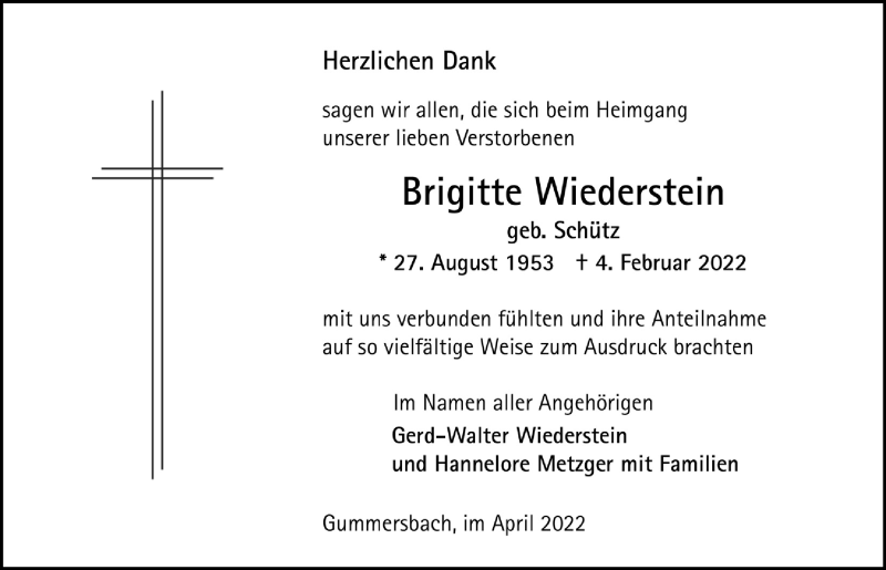  Traueranzeige für Brigitte Wiederstein vom 01.04.2022 aus  Anzeigen Echo 