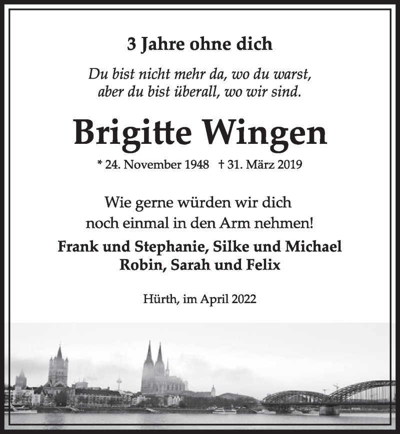  Traueranzeige für Brigitte Wingen vom 01.04.2022 aus  Wochenende 