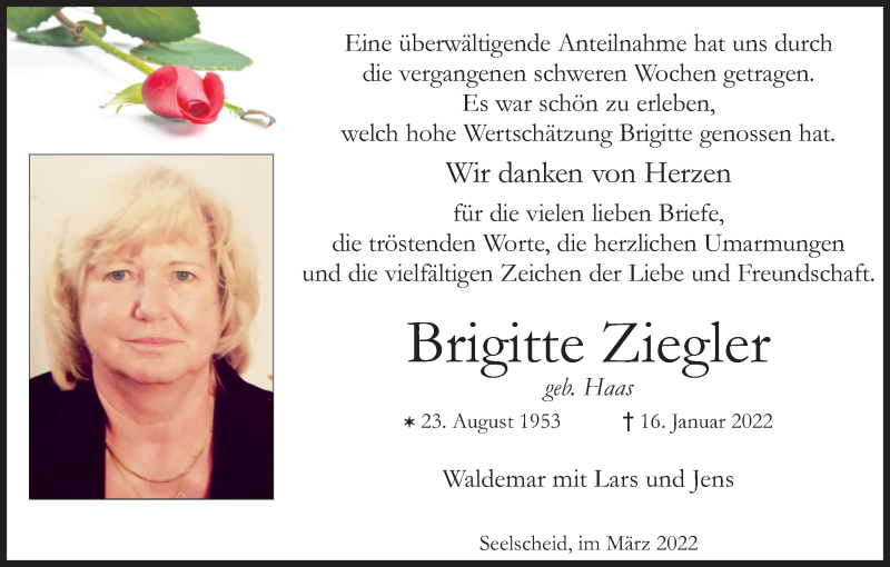  Traueranzeige für Brigitte Ziegler vom 12.03.2022 aus Kölner Stadt-Anzeiger / Kölnische Rundschau / Express